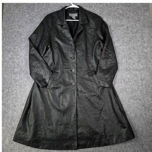Vintage Leather Trench Coat Long Lined Black Button 12 Dark Academia 90s Sleek